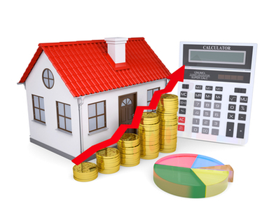 House, calculator, coins, and a rising market illustration