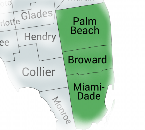 South Florida service area map: Palm Beach, Broward, and Miami-Dade counties